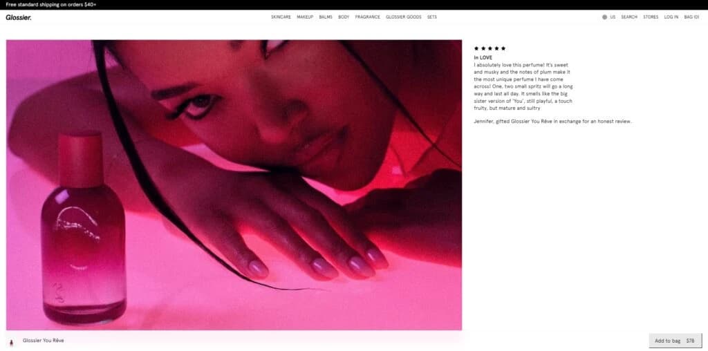 Screenshot revealing product photography of Glossier